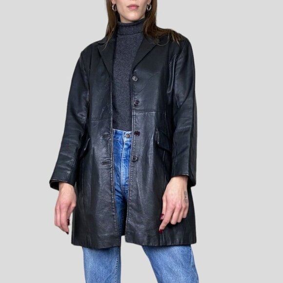 Vintage Jackets & Blazers - Vintage Black Vegan Leather Blazer Jacket 90s